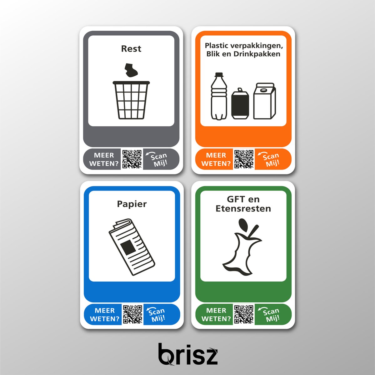 Brisz afvalstickers met afbeelding set van 4 stickers - Scan de QR code, leer en weet meer per afvalstroom | Afval scheiden | Stickers afvalscheiding | Recycling stickers | Restafval | Papier | GFT | afval sticker | Container stickers